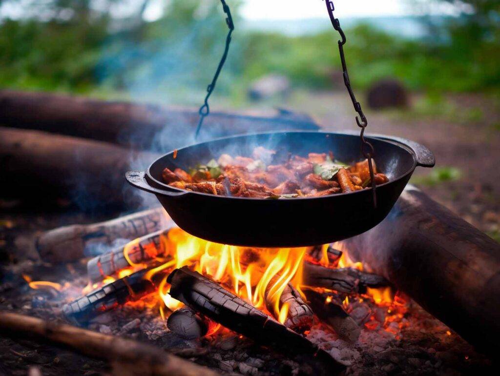 Food Is Cooked In A Metal Cauldron Over An Open Fire At A Campsi